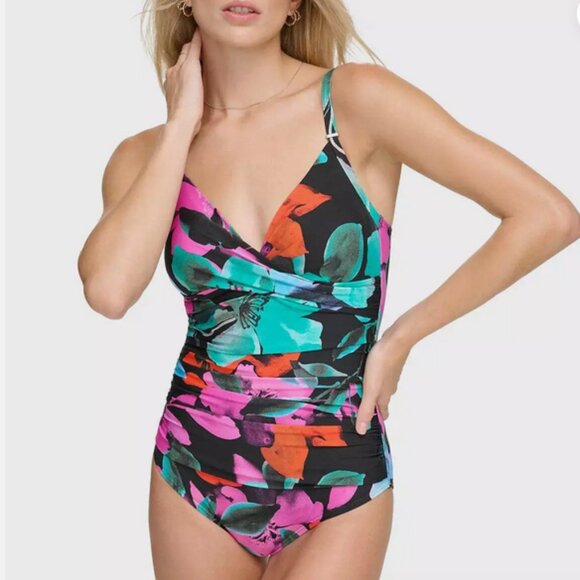 Calvin Klein Swimsuit Size 8 One Piece Twist Front Shirred Black Teal Floral NWT - Picture 1 of 12